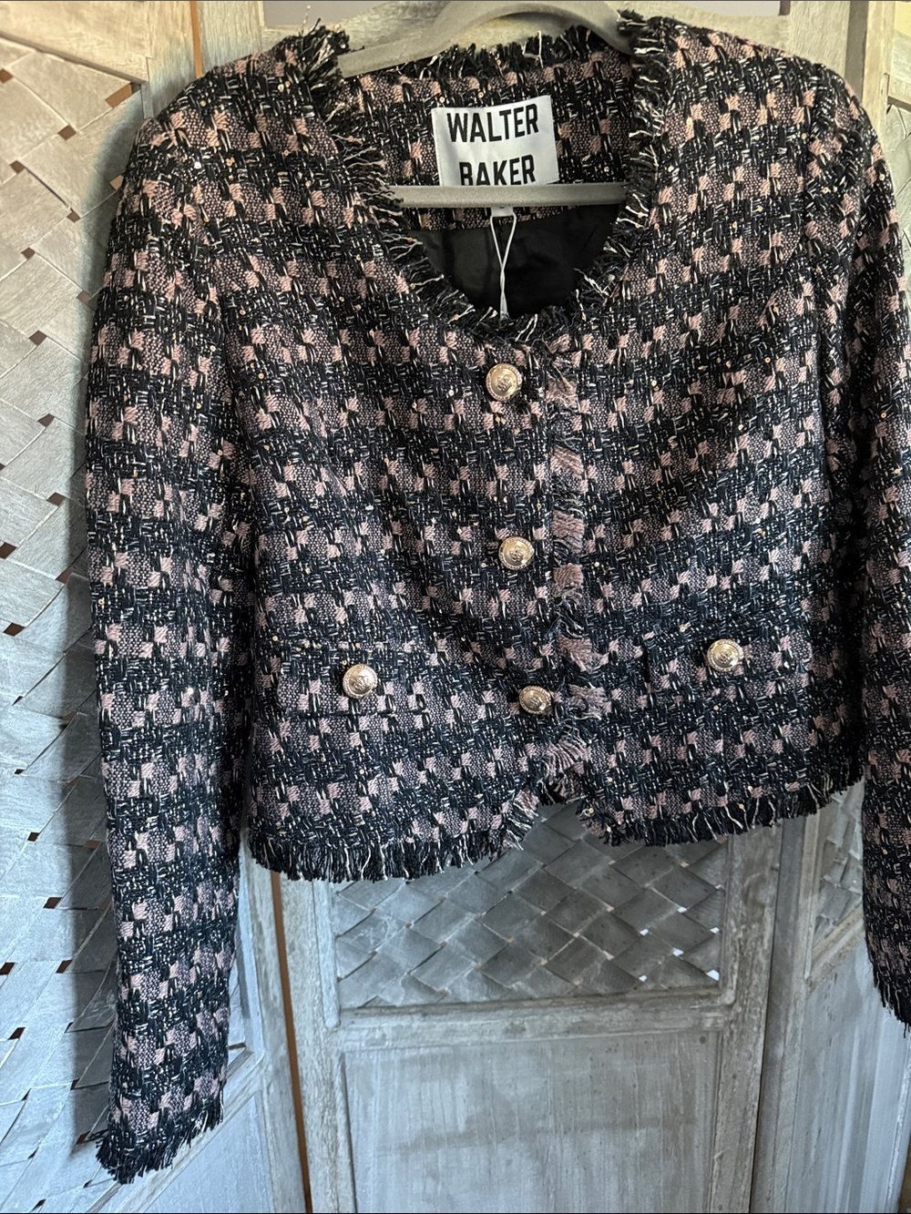 Walter Baker Pink and Black Tweed Fringed Cropped Blazer
